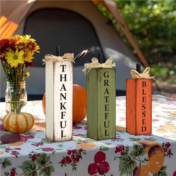 Thankful Blessed Grateful Tabletop Signs Thanksgiving Wooden Block Signs - Picture 6 of 8